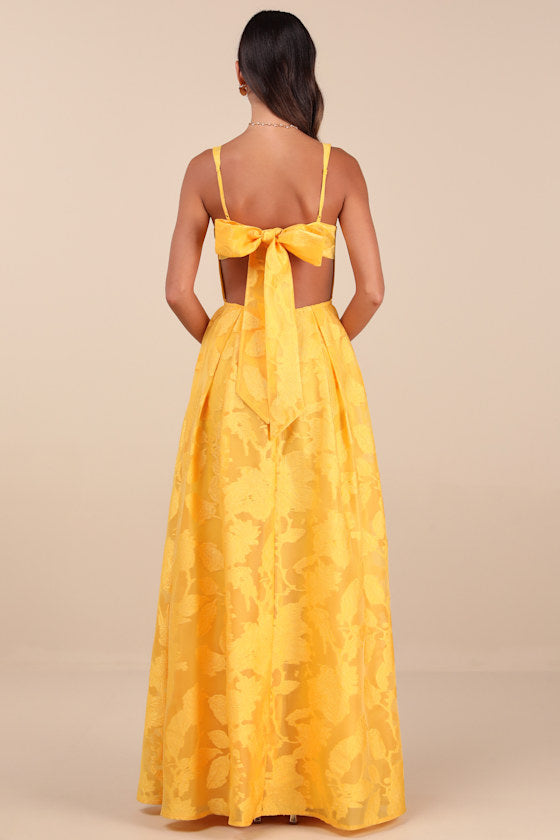 Perfected Aura Yellow Jacquard Tie-Back Maxi Dress with Pockets #Color_Yellow
