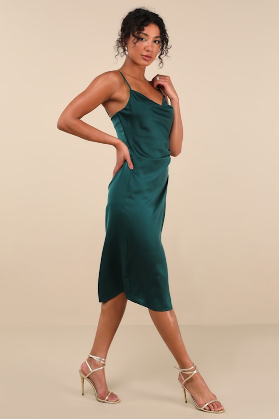 Hollywood Woman Forest Green Satin Midi Dress #Color_Forest Green