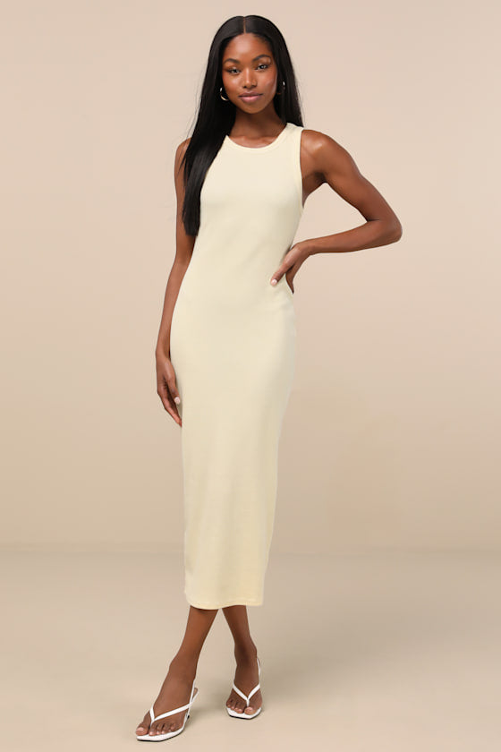 Majorly Trendy Light Yellow Ribbed Bodycon Midi Dress