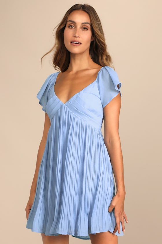 Amalfi Coast Light Blue Pleated Flutter Sleeve Mini Dress #Color_Light Blue