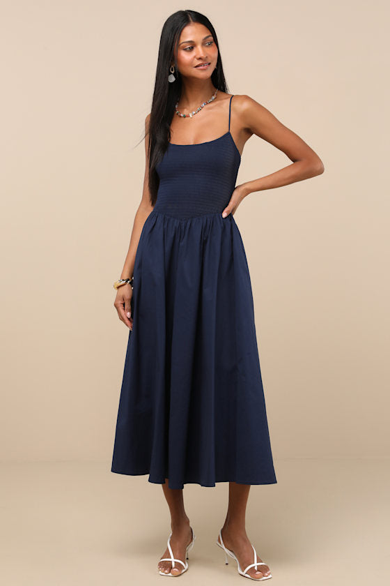 Tandria Navy Smocked Sleeveless Midi Dress #Color_Navy