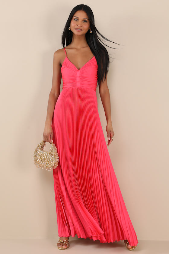 Dreaming in Color Coral V-Neck Pleated Satin Maxi Dress #Color_Coral