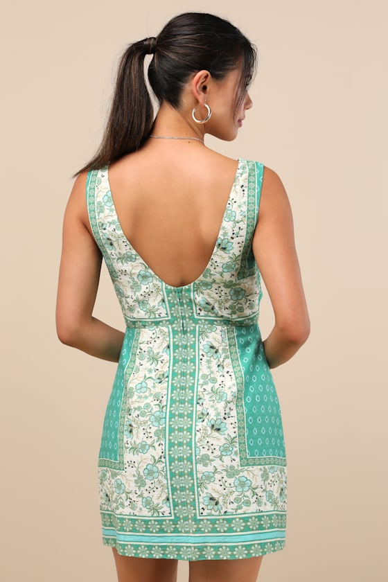 Silvana Green Multi Floral Knot-Front Mini Dress #Color_Green Multi Floral