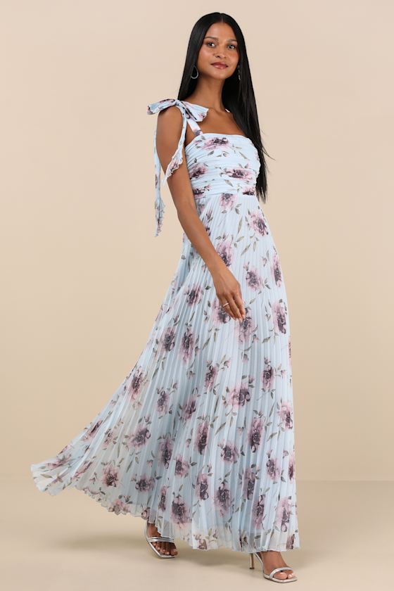 Gorgeous Purpose Slate Satin Pleated Sleeveless Bow Maxi Dress