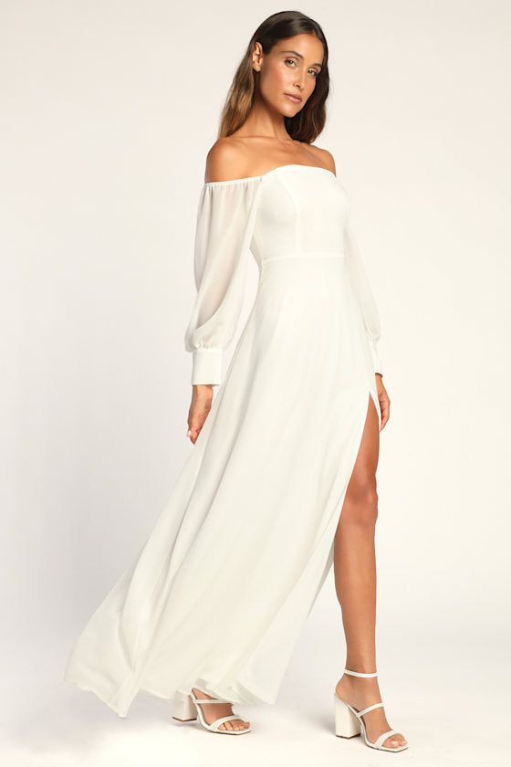 Feel the Romance White Off-the-Shoulder Maxi Dress #Color_White