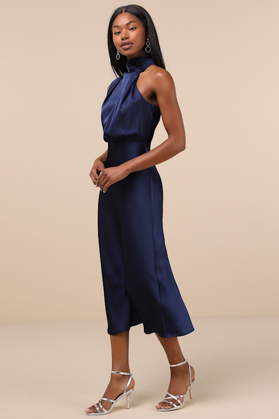 Distinctive Charm Olive Green Satin Asymmetrical Midi Dress