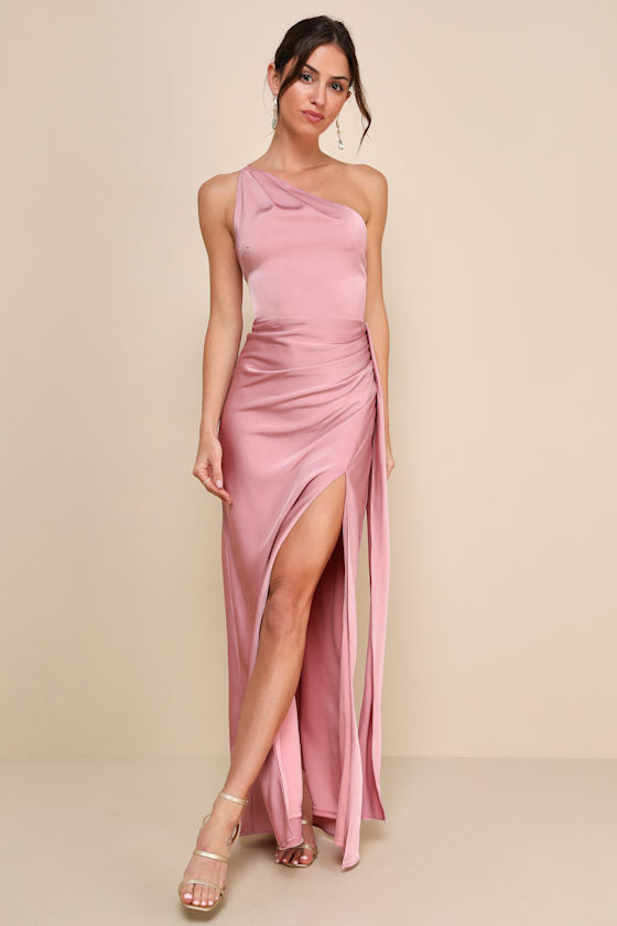 Signature Elegance Navy Satin One-Shoulder Maxi Dress