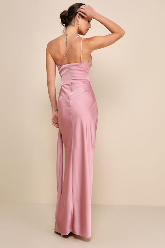 Signature Elegance Rose Satin One-Shoulder Maxi Dress #Color_Rose