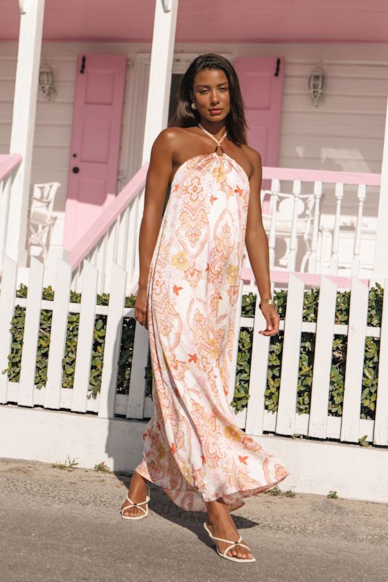 Nikoletta Coral Pink Paisley Print Halter Maxi Dress #Color_Coral Pink Paisley Print