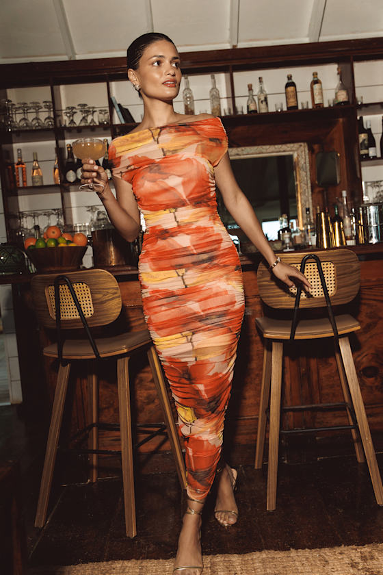 Sunama Orange Floral Mesh Ruched Bodycon Midi Dress #Color_Orange Floral
