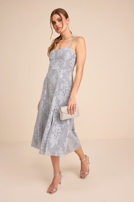 Loveliest Looks Dusty Blue Floral Jacquard Tie-Strap Midi Dress #Color_Dusty Blue