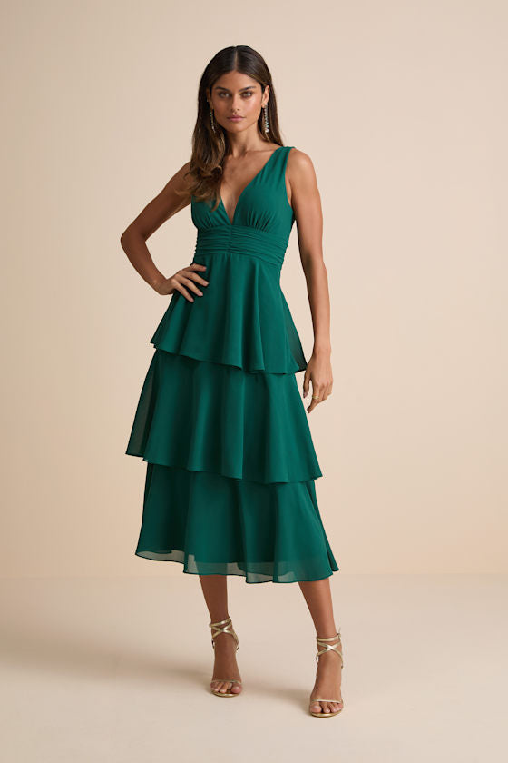Celebration Time Emerald Green Sleeveless Tiered Midi Dress #Color_Emerald Green