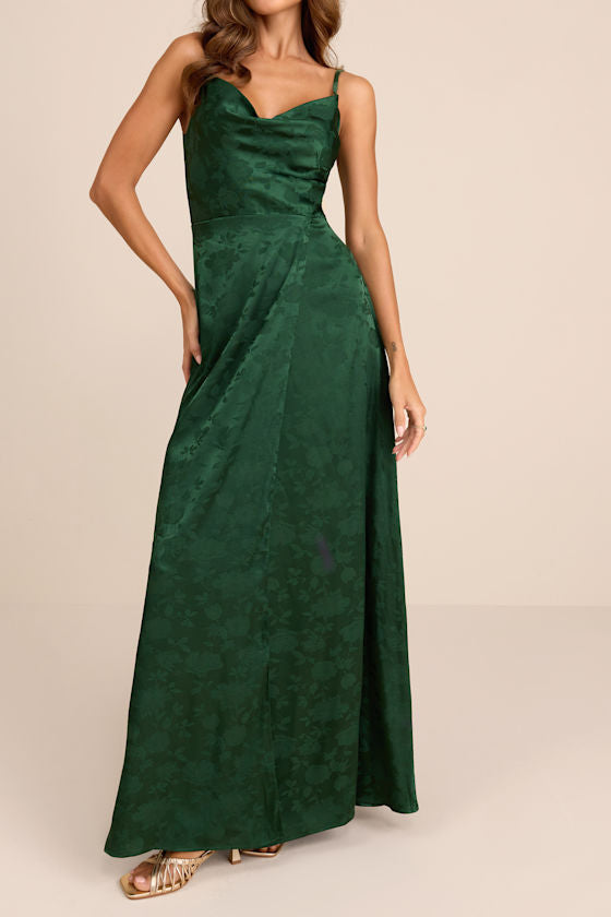 Simply Dreamy Emerald Green Satin Floral Jacquard Maxi Dress #Color_Emerald Green