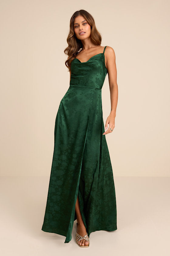 Simply Dreamy Emerald Green Satin Floral Jacquard Maxi Dress #Color_Emerald Green