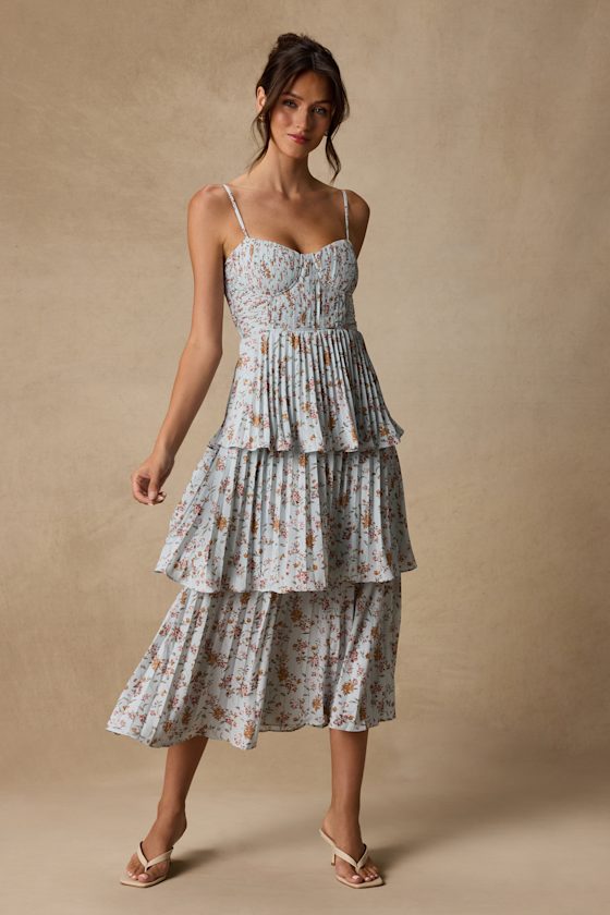 Cascading Crush Light Blue Tiered Bustier Midi Dress