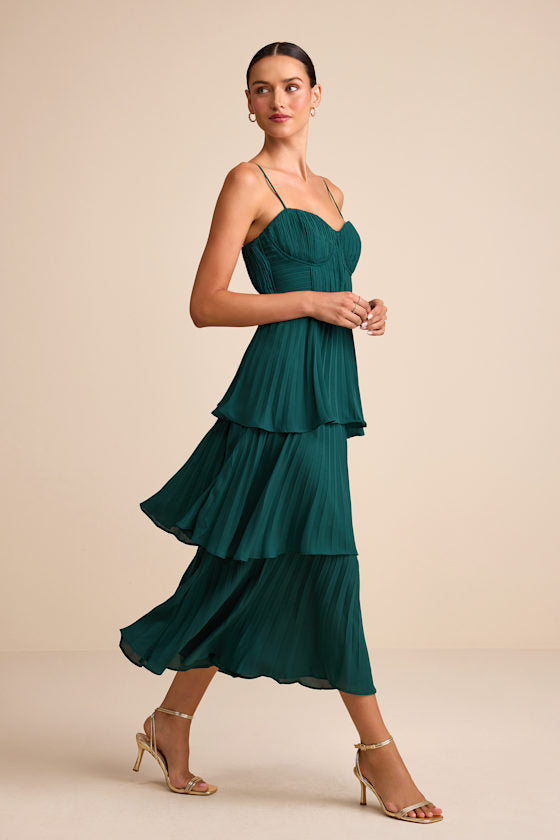 Cascading Crush Emerald Tiered Bustier Midi Dress #Color_Emerald