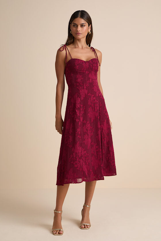 Loveliest Looks Dusty Blue Floral Jacquard Tie-Strap Midi Dress