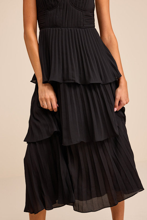 Cascading Crush Black Tiered Bustier Midi Dress #Color_Black