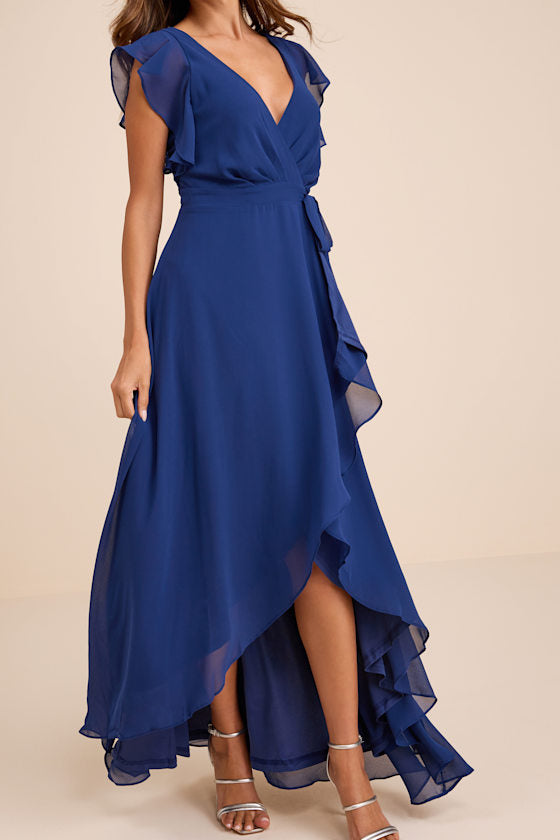 Ravishing Charm Dark Blue Ruffled Wrap High-Low Maxi Dress #Color_Dark Blue