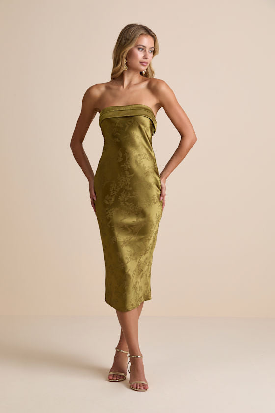 Impressive Favorite Olive Jacquard Strapless Midi Dress #Color_Olive