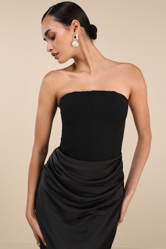 Mella Black Mixed Media Strapless Maxi Dress #Color_Black