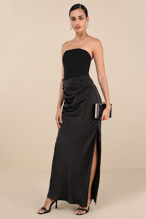 Mella Black Mixed Media Strapless Maxi Dress #Color_Black