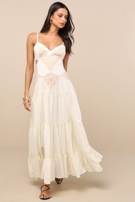 Maisha Ivory and Beige Embroidered Drop Waist Maxi Dress #Color_Ivory and Beige