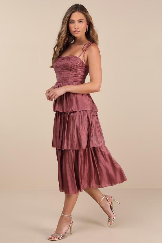 Tennon Light Pink Plisse Tiered Midi Dress