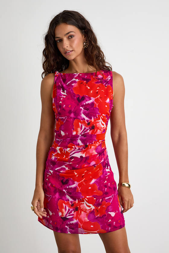 Roanes Magenta Floral Boat Neck Pleated Mini Dress #Color_Magenta Floral