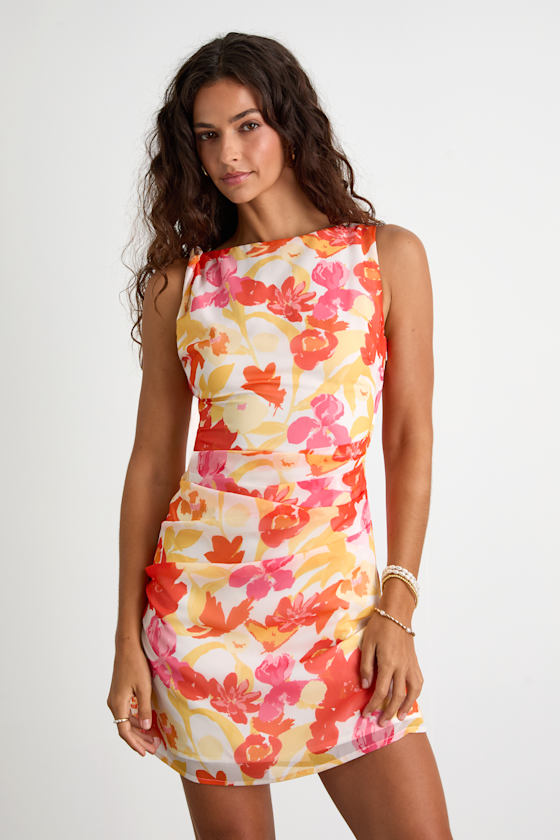 Roanes Orange Floral Boat Neck Pleated Mini Dress #Color_Orange Floral
