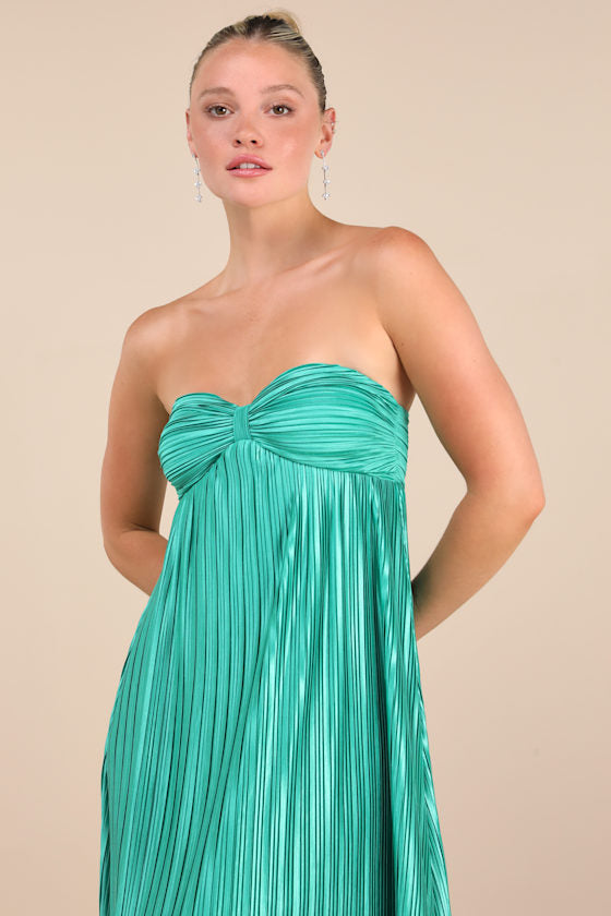 Whimsical Beauty Golden Yellow Satin Plisse Strapless Maxi Dress