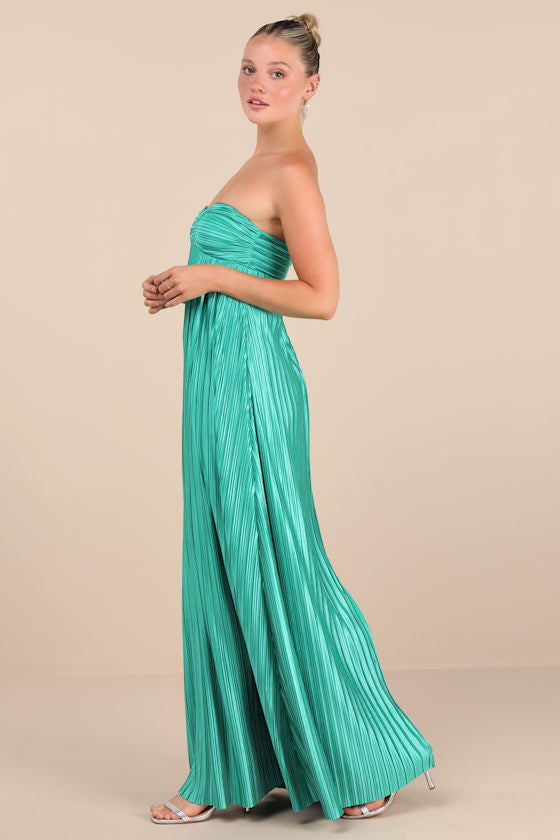 Whimsical Beauty Golden Yellow Satin Plisse Strapless Maxi Dress