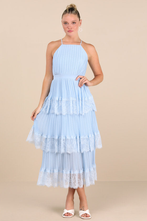 Came For Cocktails Sage Green Pleated Tiered Lace Maxi Dress