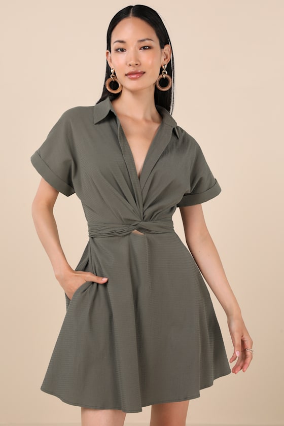 Breeze By Olive Tie-Back Mini Dress With Pockets #Color_Olive