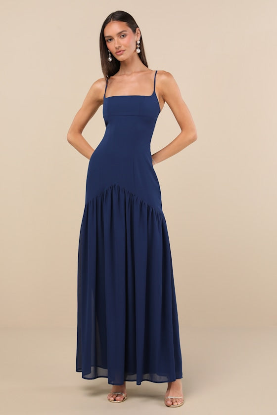 Auria Navy Blue Chiffon Drop Waist Maxi Dress #Color_Navy Blue