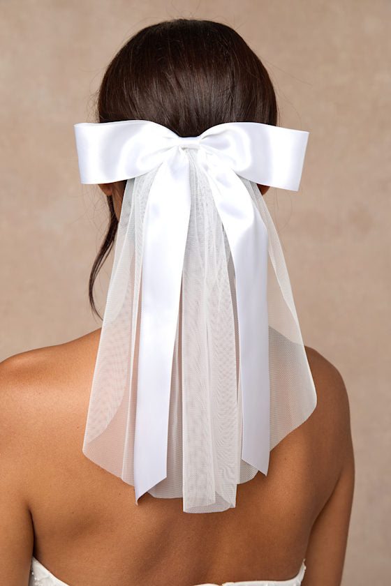 Ellia White Satin Tulle Layered Bow Hair Barrette #Color_White