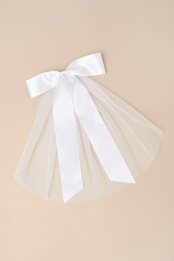Ellia White Satin Tulle Layered Bow Hair Barrette #Color_White