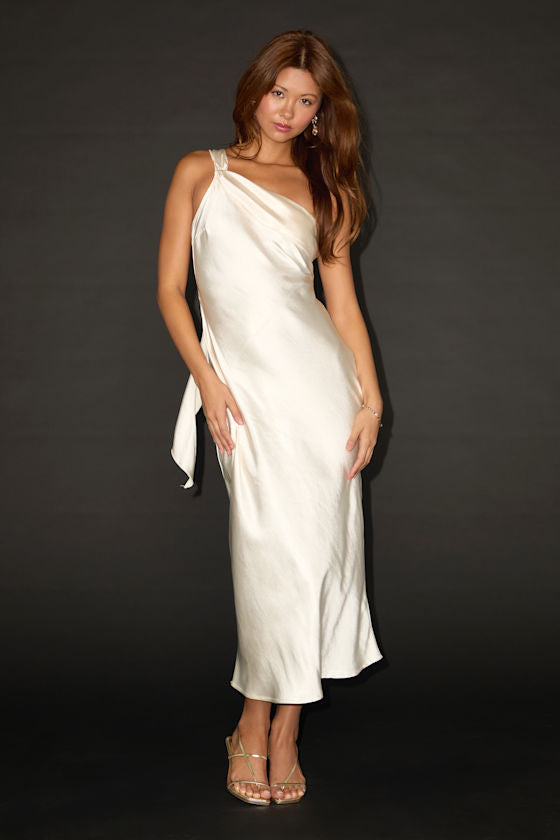 Naima White Satin One-Shoulder Midi Dress #Color_White