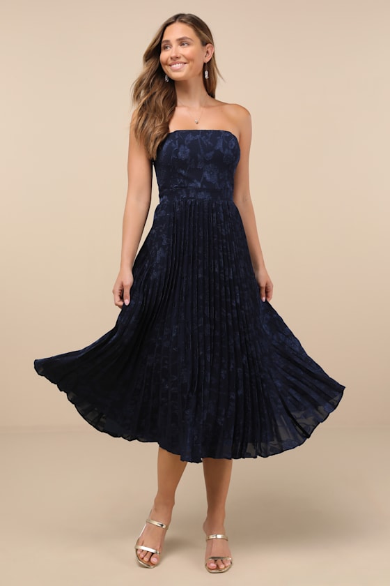 Perfectly Stunning Navy Jacquard Strapless Midi Dress #Color_Navy
