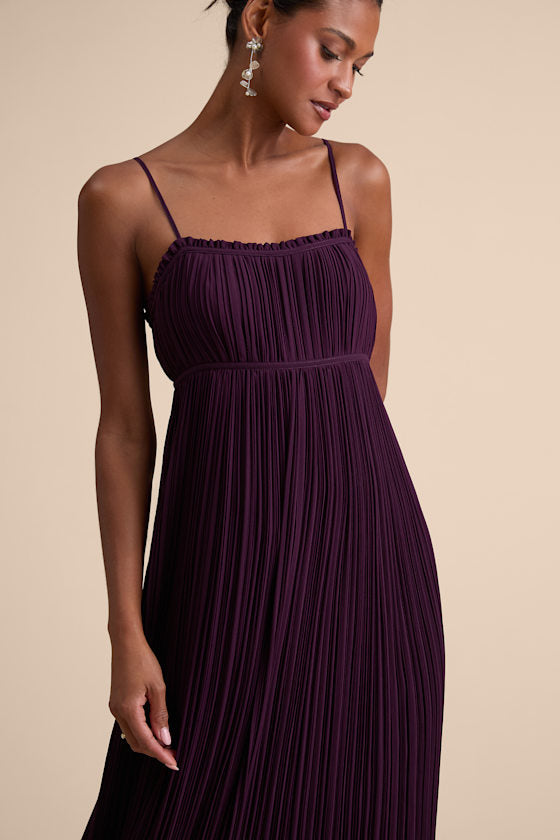 Delina Plum Plisse Chiffon Tie-Back Maxi Dress #Color_Plum