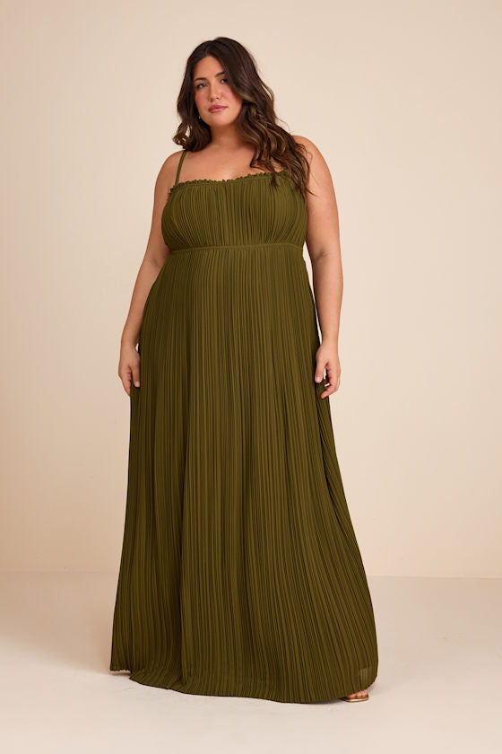 Delina Olive Plisse Chiffon Tie-Back Maxi Dress #Color_Olive