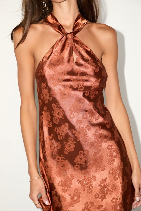 Got the Key Rust Satin Floral Jacquard Halter Mini Dress #Color_Rust