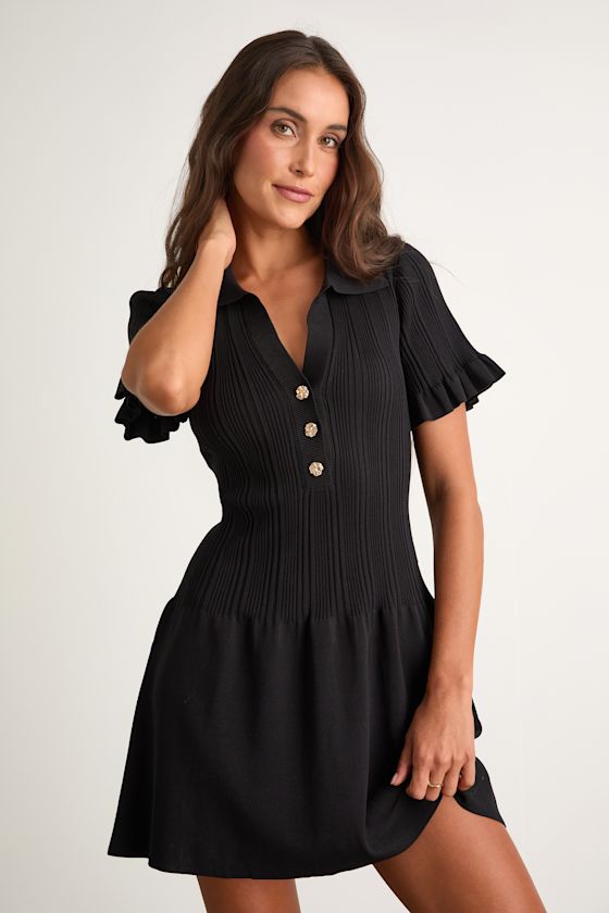 Yavina Black Collared Skater Sweater Mini Dress #Color_Black