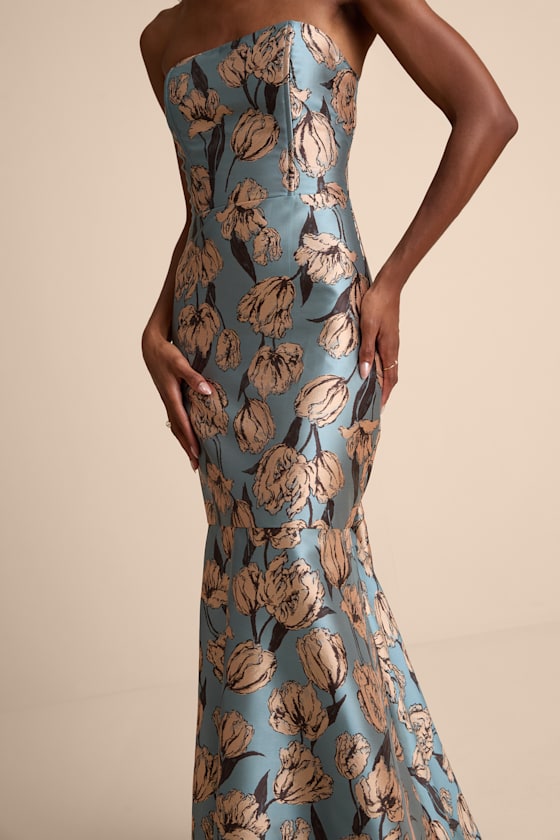 Gowning Around Sage Floral Jacquard Strapless Maxi Dress