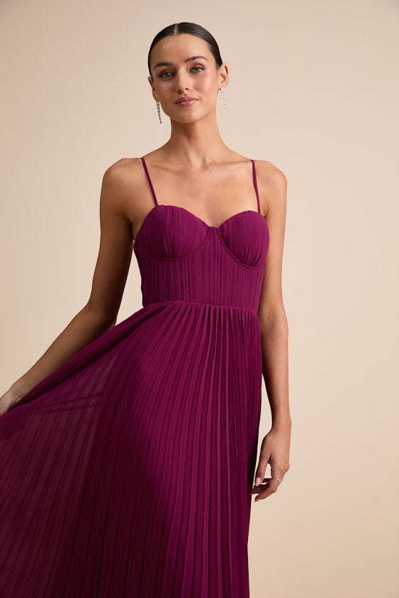 Admirable Elegance Plum Pleated Bustier Maxi Dress #Color_Plum
