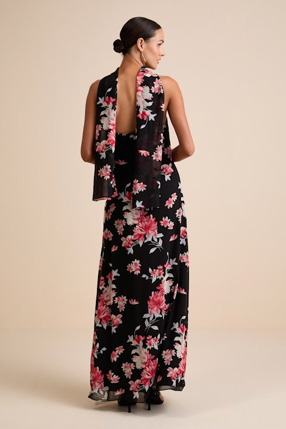 Rawya Black Floral Strapless Maxi Dress and Scarf Set #Color_Black Floral