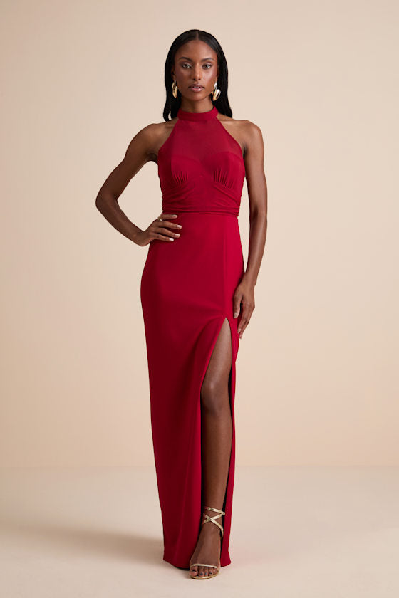 Baani Dark Brown Column Halter Maxi Dress