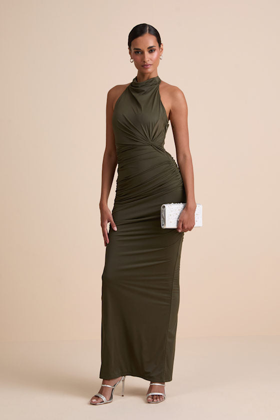 Seraiah Olive Green Knotted Ruched Halter Maxi Dress #Color_Olive