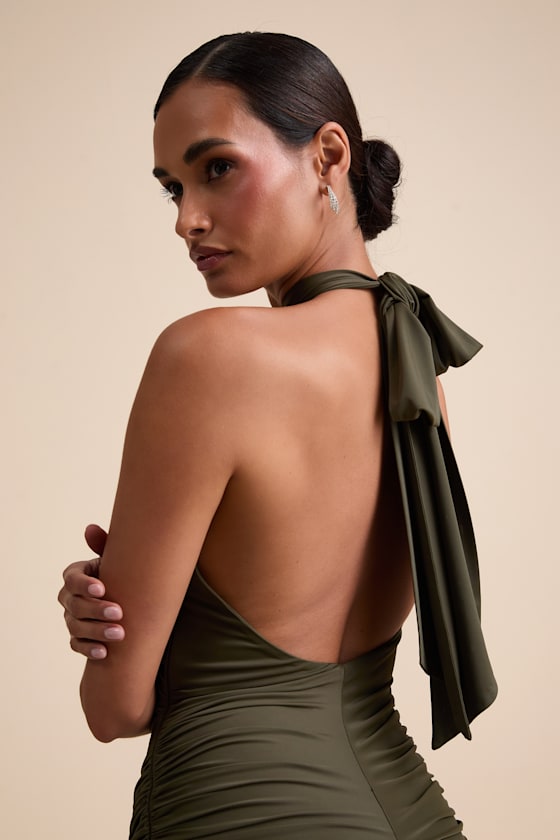 Seraiah Olive Green Knotted Ruched Halter Maxi Dress #Color_Olive