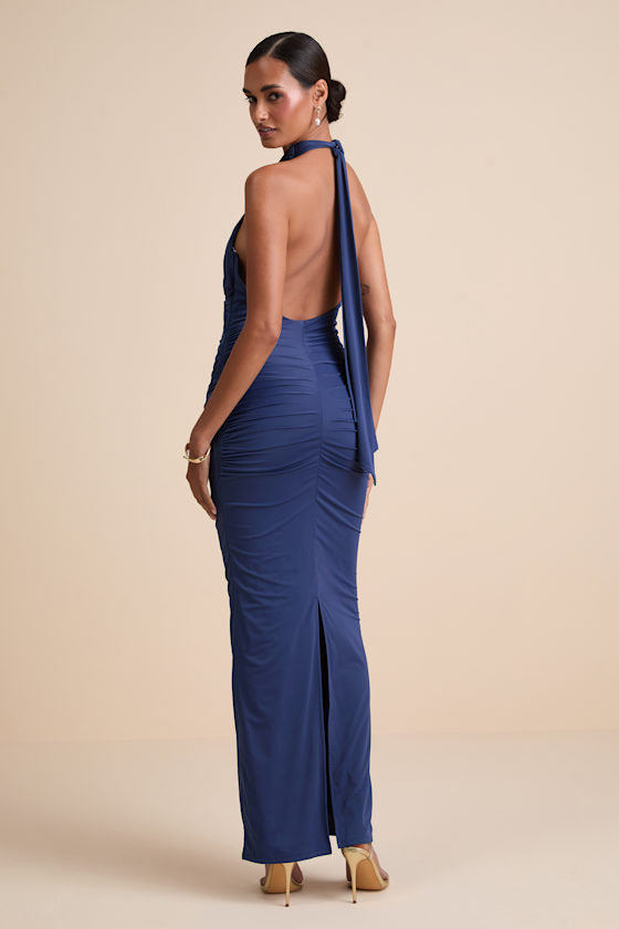 Seraiah Navy Knotted Ruched Halter Maxi Dress #Color_Navy